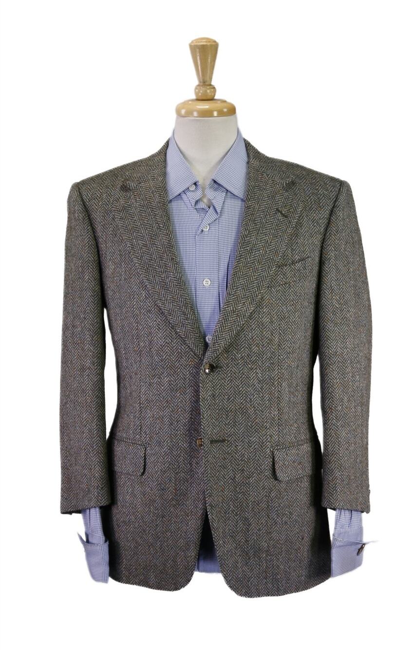 Ravazzolo Green Gray Herringbone English Tweed 2-Btn Blazer Jacket 36S